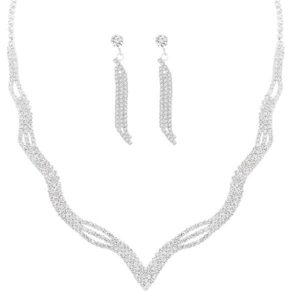 Elegant Silver Rhinestone Necklace & Earring Set – Sparkling Statement Jewelry